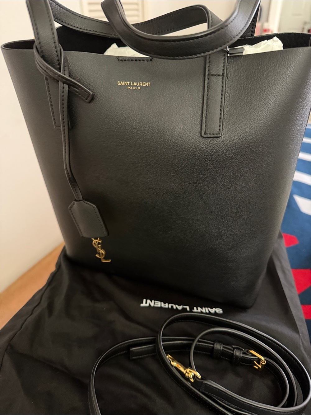 Saint Laurent Black Leather Messenger Tote with Gold Hardware
